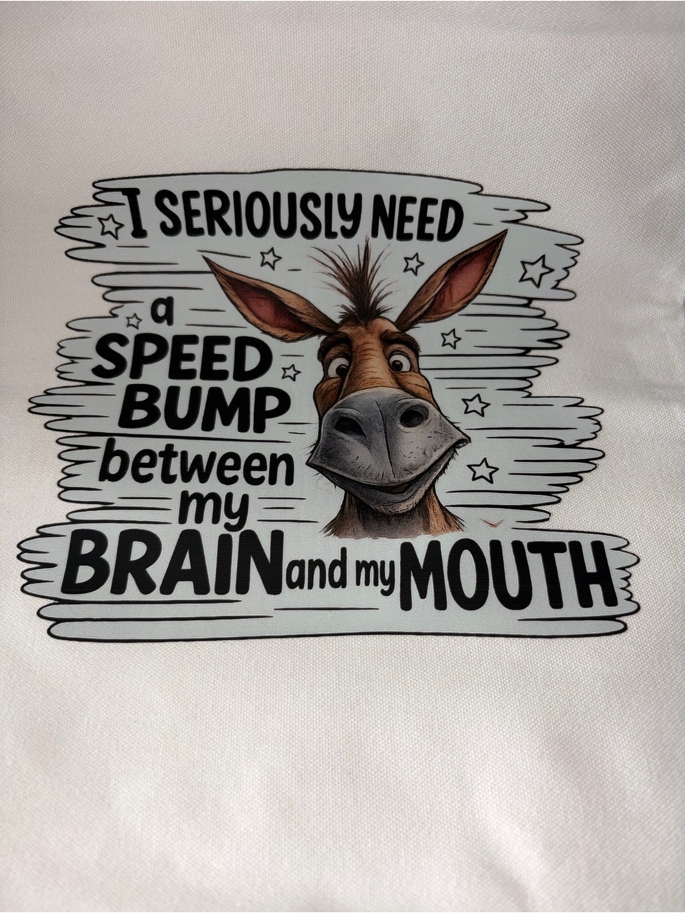 White Tote Bag with Donkey Graphic and Humorous Text. 14”x13”